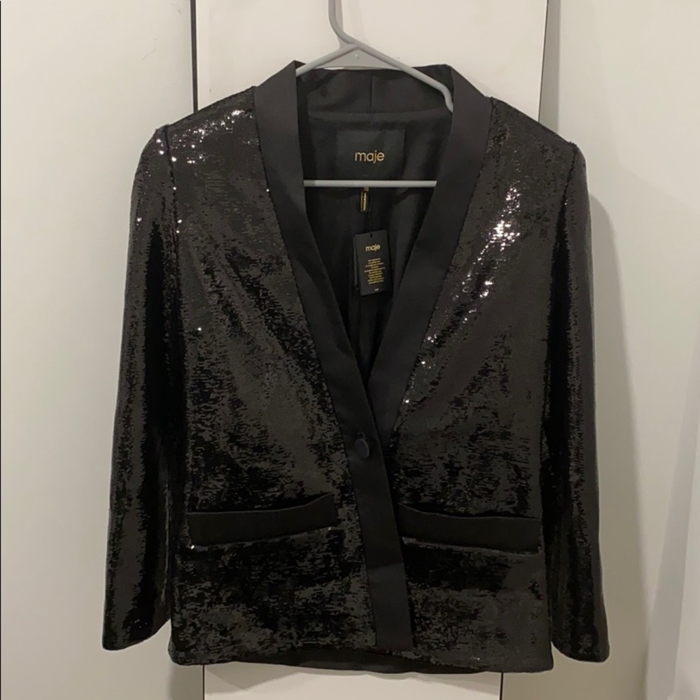 Maje Black Sequin Tuxedo Jacket